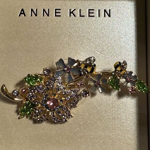 Anne Klein Gold and Green Vintage-Inspired Brooch - Picture 1 of 6